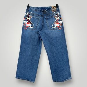 NEW Ed Hardy Jeans Womens 32 Blue Med Wash Loose Wide Leg High Rise Born Free